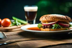 ein Hamburger mit Gurken und ein Glas von Bier. KI-generiert foto