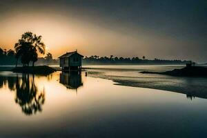 ein klein Haus sitzt auf das Ufer von ein See beim Sonnenaufgang. KI-generiert foto