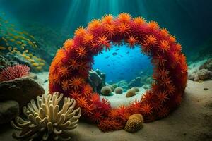 ein kreisförmig Koralle Riff mit bunt Korallen und Meer Anemonen. KI-generiert foto