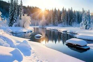 ein Fluss im das Schnee. KI-generiert foto