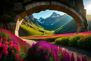 das Sonne scheint durch ein Stein Torbogen im ein Feld von Blumen. KI-generiert foto