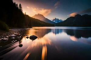 ein See und Berge beim Sonnenuntergang. KI-generiert foto