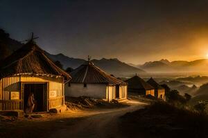 ein Dorf beim Sonnenuntergang mit mit Stroh gedeckt Hütten. KI-generiert foto