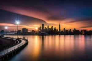 das Stadt Horizont beim Sonnenuntergang Über das Wasser. KI-generiert foto