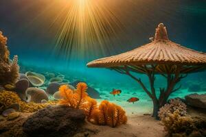 ein unter Wasser Szene mit Korallen und ein Regenschirm. KI-generiert foto