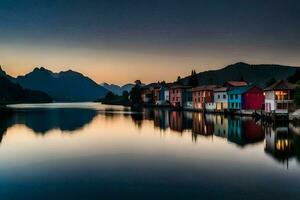 bunt Häuser auf das Ufer von ein See beim Sonnenuntergang. KI-generiert foto