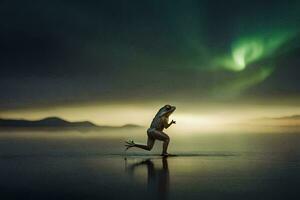 ein Mann ist Laufen im das Wasser mit das Aurora Beleuchtung im das Hintergrund. KI-generiert foto