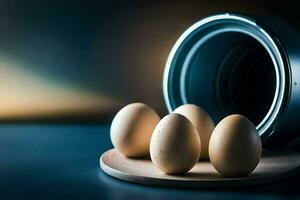 vier Eier sitzen auf ein Teller Nächster zu ein können von Hähnchen Brühe. KI-generiert foto