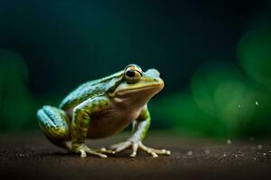 ein Frosch ist Stehen auf das Boden mit ein Grün Hintergrund. KI-generiert foto