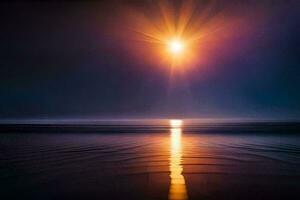 das Sonne ist leuchtenden Über das Ozean beim Nacht. KI-generiert foto
