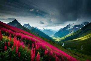 ein schön Landschaft mit Rosa Blumen und Berge. KI-generiert foto