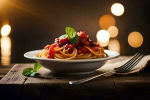 Spaghetti mit Tomate Soße und Basilikum Blätter auf ein hölzern Tisch. KI-generiert foto