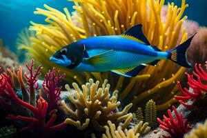 ein Blau und Gelb Fisch Schwimmen im das Ozean. KI-generiert foto