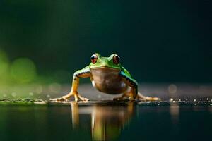 ein Frosch Sitzung auf das Boden mit es ist Betrachtung. KI-generiert foto