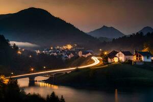 Foto Hintergrund das Himmel, Berge, Straße, Brücke, Haus, Dorf, Fluss, Nacht,. KI-generiert