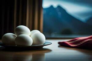 Eier auf ein Teller im Vorderseite von ein Fenster. KI-generiert foto