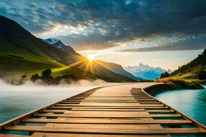 das Sonne steigt an Über ein hölzern Brücke im das Berge. KI-generiert foto