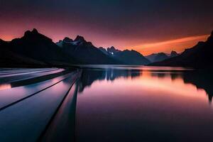 das Berge sind reflektiert im das Wasser beim Sonnenuntergang. KI-generiert foto