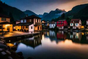 Foto Hintergrund das Himmel, Berge, See, Häuser, das Nacht, das Berge, das See. KI-generiert