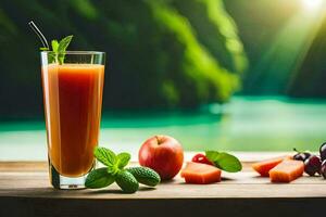 ein Glas von Saft mit Obst und Beeren auf ein Tisch. KI-generiert foto