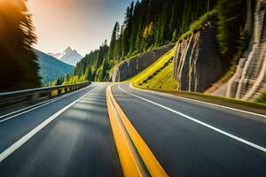 ein Autobahn mit Bäume und Berge im das Hintergrund. KI-generiert foto