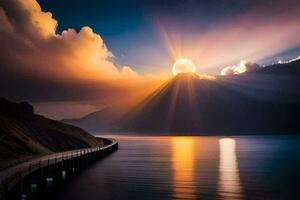 ein Brücke Über Wasser mit das Sonne leuchtenden durch das Wolken. KI-generiert foto