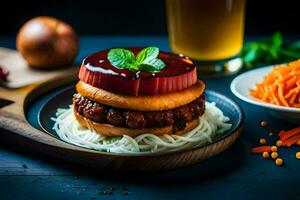 ein Burger mit Gemüse und ein trinken auf ein Tisch. KI-generiert foto