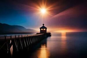 ein Seebrücke mit ein Leuchtturm beim Sonnenuntergang. KI-generiert foto