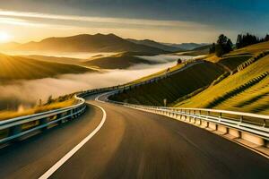 ein Wicklung Straße im das Berge mit das Sonne steigend. KI-generiert foto