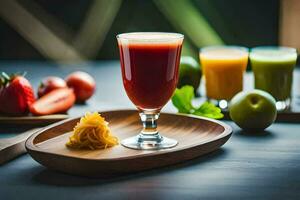 ein Glas von Saft und etwas Früchte auf ein hölzern Tablett. KI-generiert foto