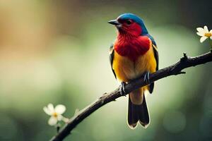 ein bunt Vogel sitzt auf ein Ast mit Blumen. KI-generiert foto