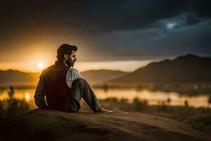 ein Mann Sitzung auf ein Felsen beim Sonnenuntergang. KI-generiert foto
