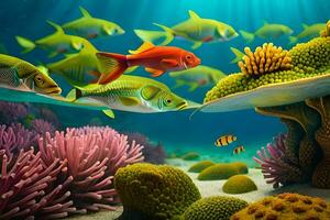 Fisch Schwimmen im das Ozean mit Koralle Riffe. KI-generiert foto