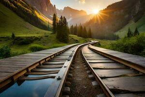 ein Eisenbahn Spur führen zu ein Berg mit das Sonne Rahmen hinter Es. KI-generiert foto