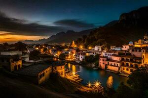 Foto Hintergrund das Himmel, Berge, Fluss, Dorf, Sonnenuntergang, das Stadt, Indien,. KI-generiert