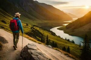 ein Mann mit ein Rucksack und Wandern Stangen Spaziergänge entlang ein Weg im das Berge. KI-generiert foto