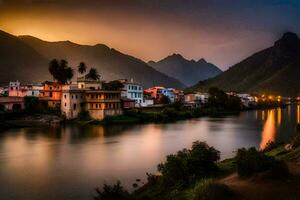 Foto Hintergrund das Himmel, Berge, Fluss, Haus, Sonnenuntergang, Indien, das Stadt,. KI-generiert