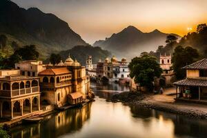 ein Fluss im Indien mit Gebäude und Berge im das Hintergrund. KI-generiert foto