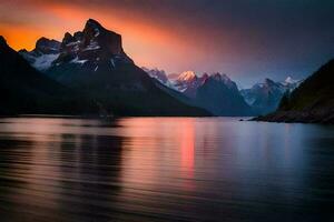 das Berge sind reflektiert im das Wasser beim Sonnenuntergang. KI-generiert foto