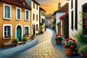 ein Illustration von ein Straße mit Blumen und Gebäude. KI-generiert foto