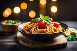 Pasta mit Erdbeeren und Basilikum auf ein hölzern Tisch. KI-generiert foto