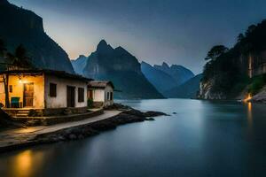 ein Haus auf das Kante von ein See beim Dämmerung. KI-generiert foto