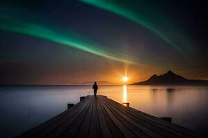 ein Mann Stehen auf ein Seebrücke suchen beim das Aurora Beleuchtung. KI-generiert foto