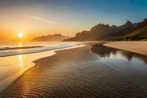 das Sonne steigt an Über das Strand und Berge im das Hintergrund. KI-generiert foto