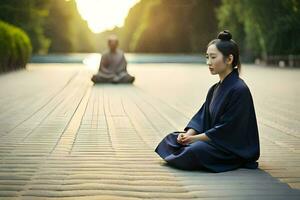 ein Frau im ein Kimono meditieren im das Park. KI-generiert foto