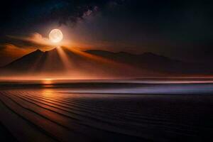 das Mond ist leuchtenden Über ein Strand beim Nacht. KI-generiert foto