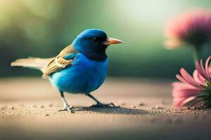 ein Blau Vogel ist Stehen auf das Boden in der Nähe von Rosa Blumen. KI-generiert foto