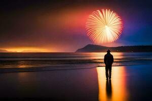 ein Mann Stehen auf das Strand Aufpassen ein Feuerwerk. KI-generiert foto