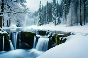 ein Wasserfall im das Schnee. KI-generiert foto