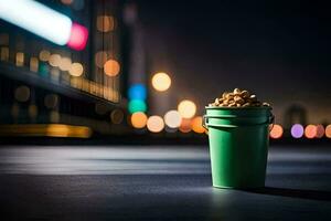 ein Eimer von Erdnüsse auf das Straße beim Nacht. KI-generiert foto